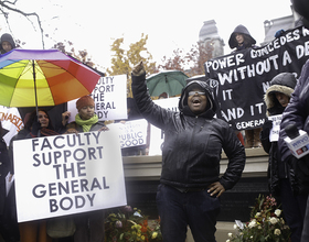 Syracuse University community members rally outside Hall of Languages to support sit-in