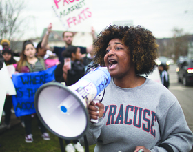 Students protest Theta Tau videos outside Chancellor Kent Syverud’s house