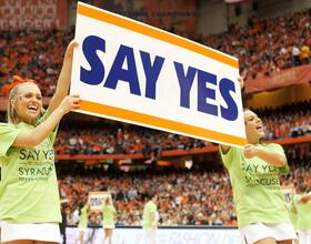 Second consecutive Say Yes at the Dome Day thanks sponsors during men's basketball game