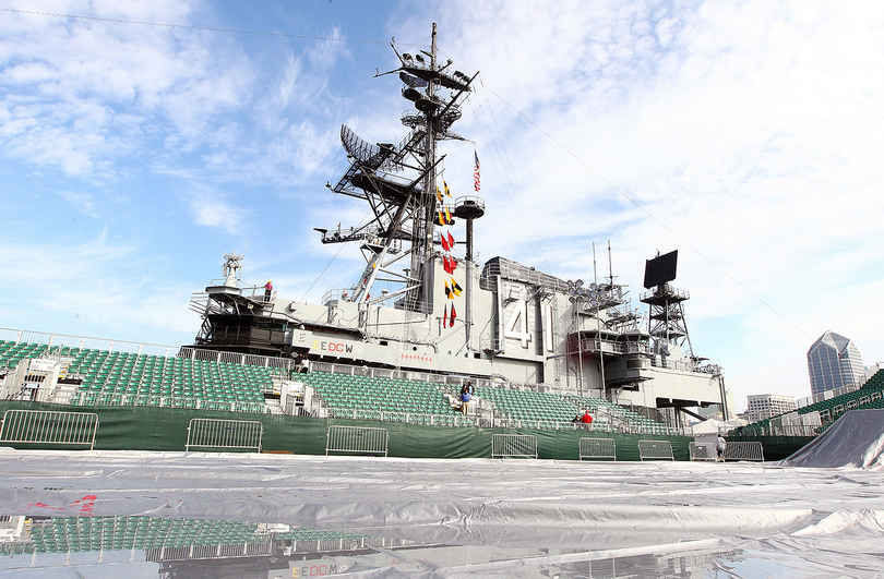 Battle on the Midway preparations continue on Thursday as ship is transformed into basketball court