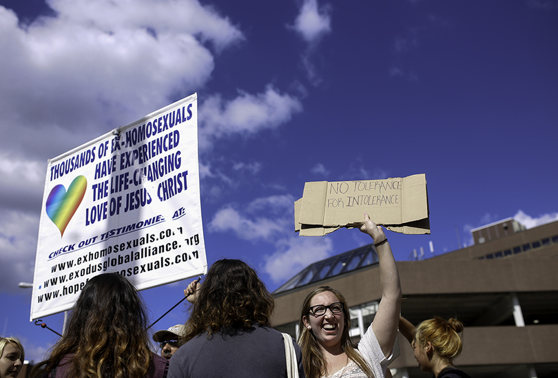 Students protest man preaching on Waverly