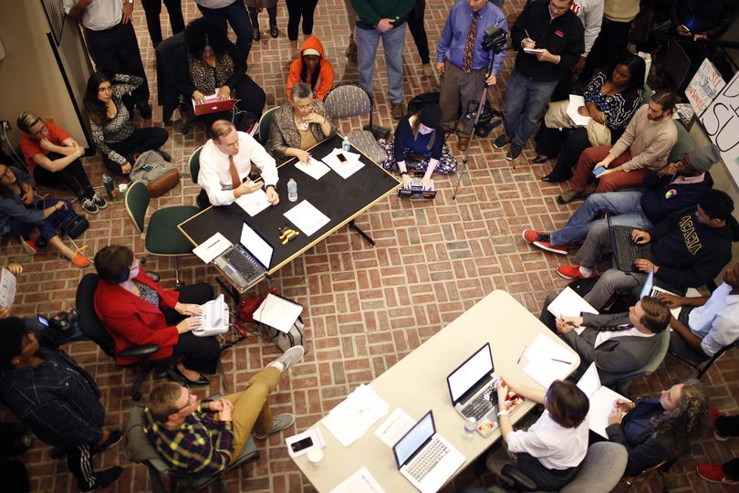 SU Board of Trustees have not decided on whether to postpone vote on mission statement, protesters remain in Crouse-Hinds Hall