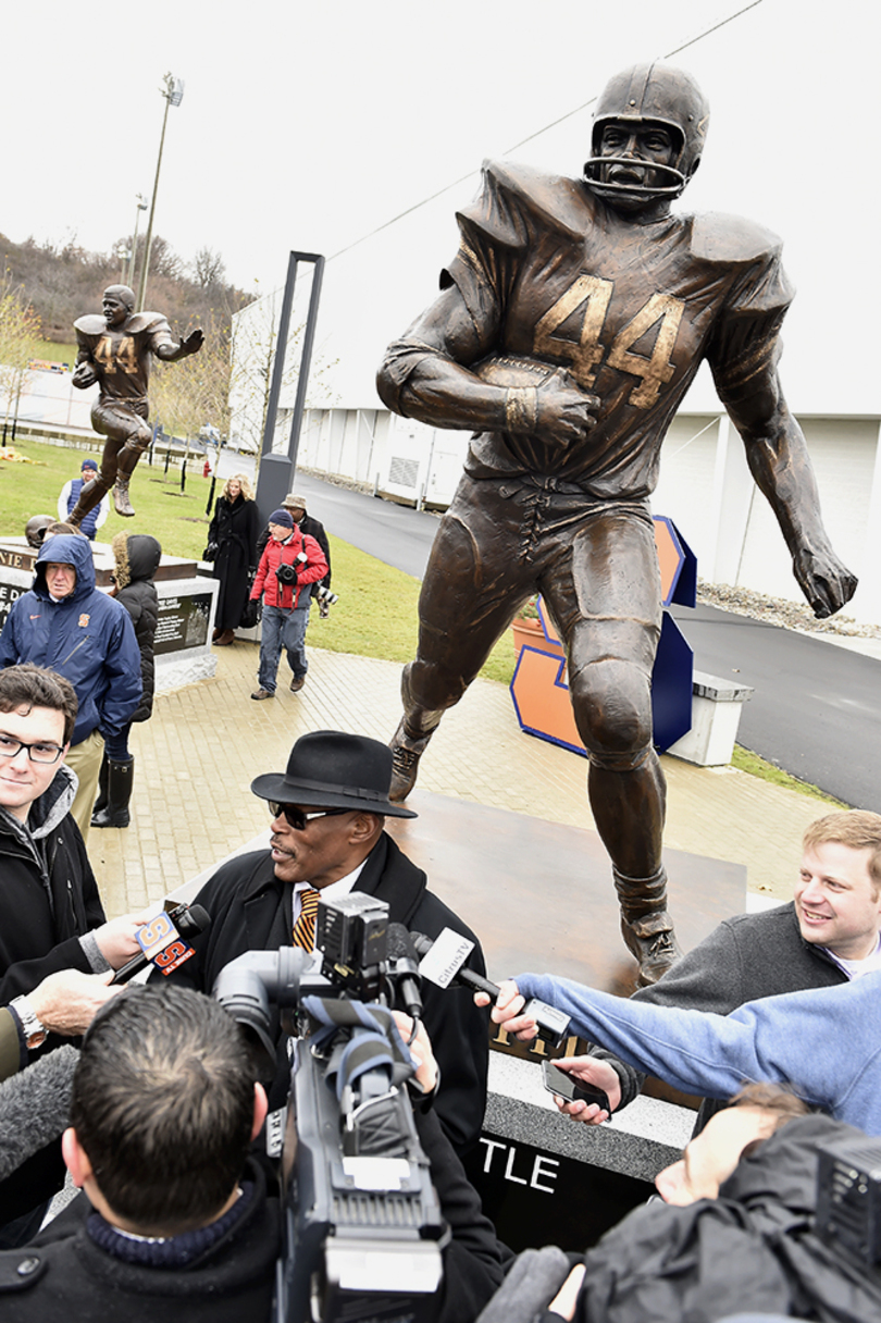 Statues of former SU legends Jim Brown, Floyd Little and Ernie Davis unveiled at new Plaza 44