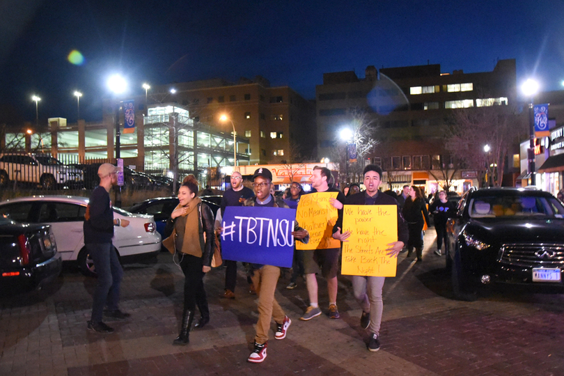 Former Syracuse University football player Don McPherson talks about male privilege during Take Back the Night event