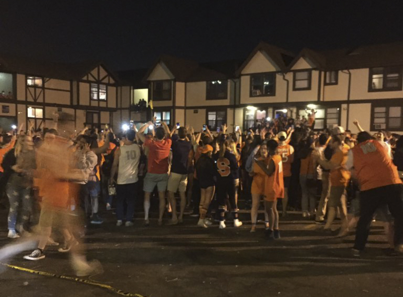 See how the Syracuse University campus reacted to the Orange&#8217;s upset of Virginia and Final Four berth