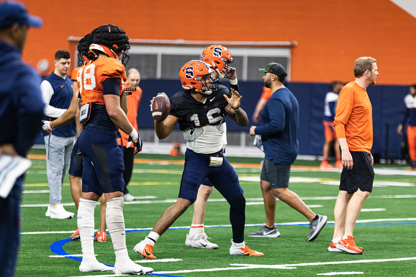 Observations from SU&#8217;s intra-squad scrimmage: QBs and RBs split time, Okechukwu stands out