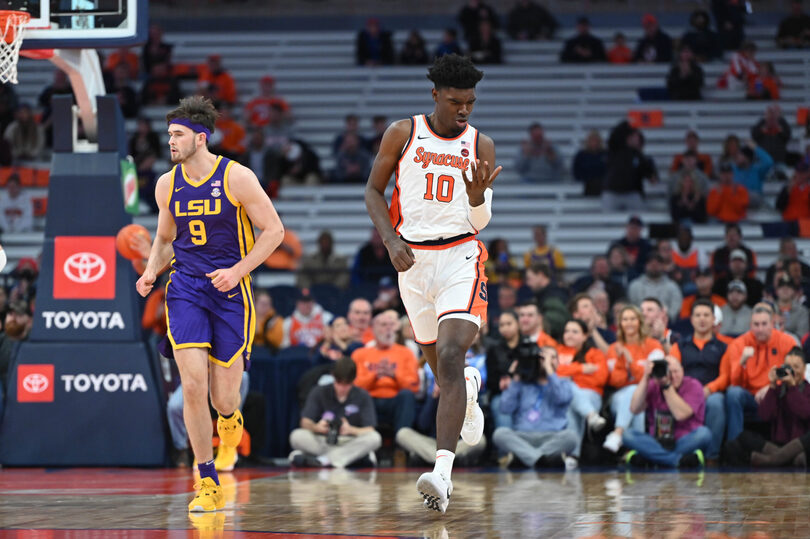 STILL GROWING: Naheem McLeod, SU&#8217;s tallest player ever, is stretching into his new role