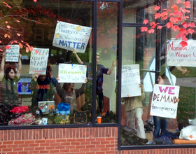 Students, faculty hold rally outside Crouse-Hinds to show support for student protesters staging sit-in