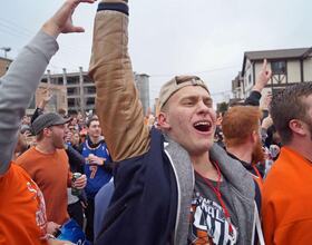 Syracuse University students celebrate at Castle Court before Final Four game