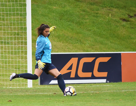 Freshman Lysianne Proulx readies herself for a shot in goal