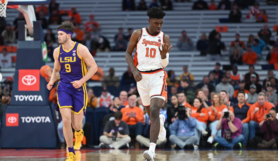 STILL GROWING: Naheem McLeod, SU&#8217;s tallest player ever, is stretching into his new role