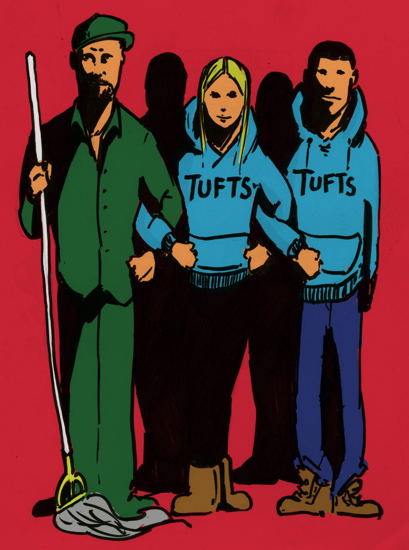 Tufts University students rally with custodial staff following rumors of lay offs