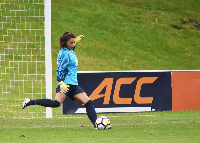 Freshman Lysianne Proulx readies herself for a shot in goal