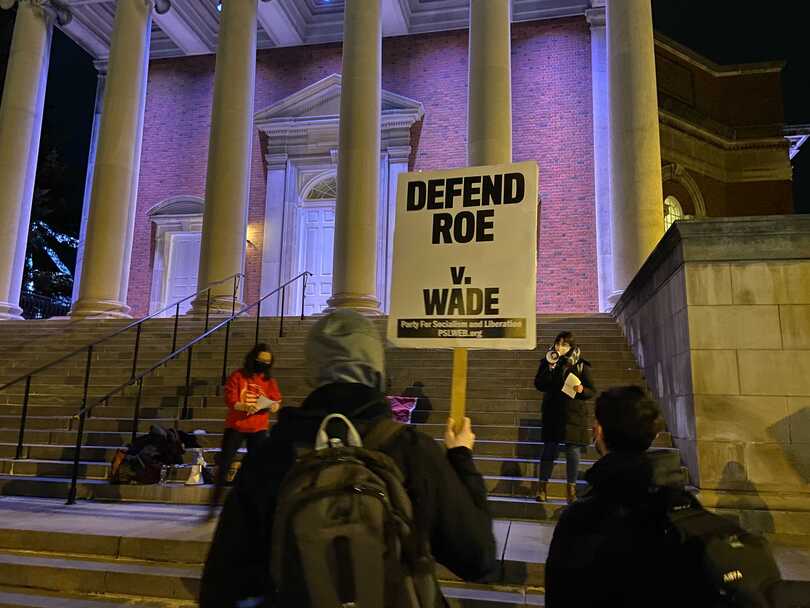 Around 60 people gather outside Hendricks Chapel to defend abortion rights