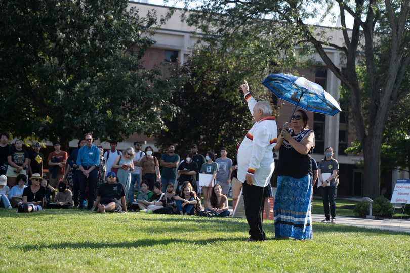 Haudenosaunee Welcome Gathering attendees celebrate indigenous culture